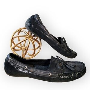 b.o.c. | 11 Black leather slip on loafers driving shoes with tassels shimmery